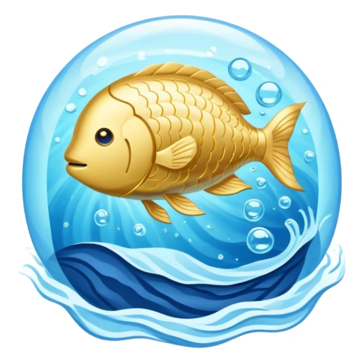 Luminous golden omega-3 capsule amid flowing blue currents, with a translucent fish circling a glowing brain. Soft blue waves radiate outward from the brain toward a faintly visible heart, showing the connection between omega-3, brain health and cardiovascular benefits. sticker