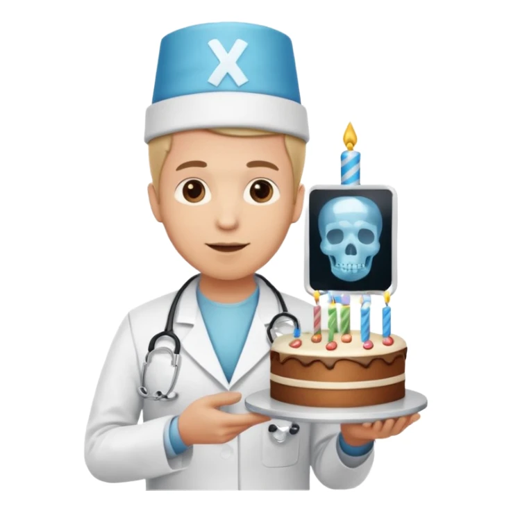 doctor emoji holding X-ray, birthday hat with cake on top. sticker