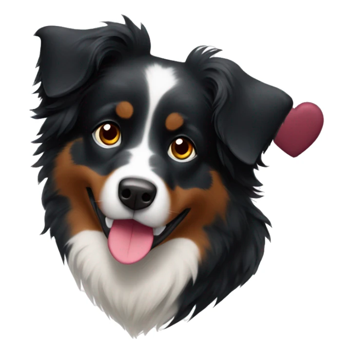 Small black australian shepherd dog with huge maroon heart sticker