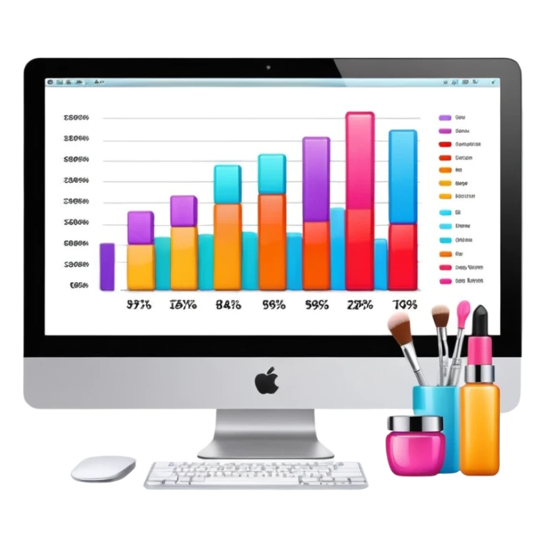 iMac computer with bar charts and beauty products inside the screen sticker