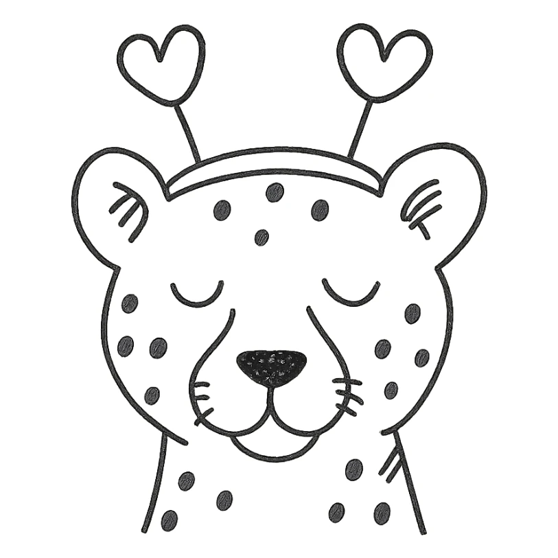 cheetah with heart headband, hand-drawn outlined icon sticker