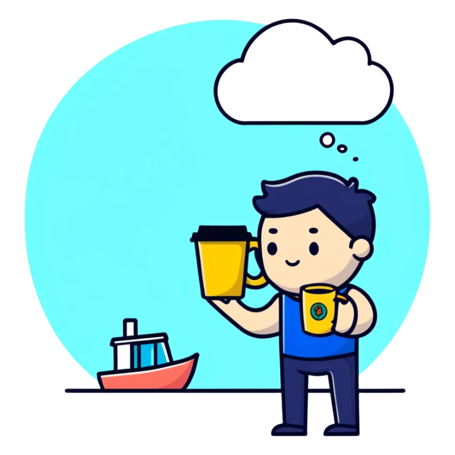 tired worker with coffee mug and thought bubble of beach sticker