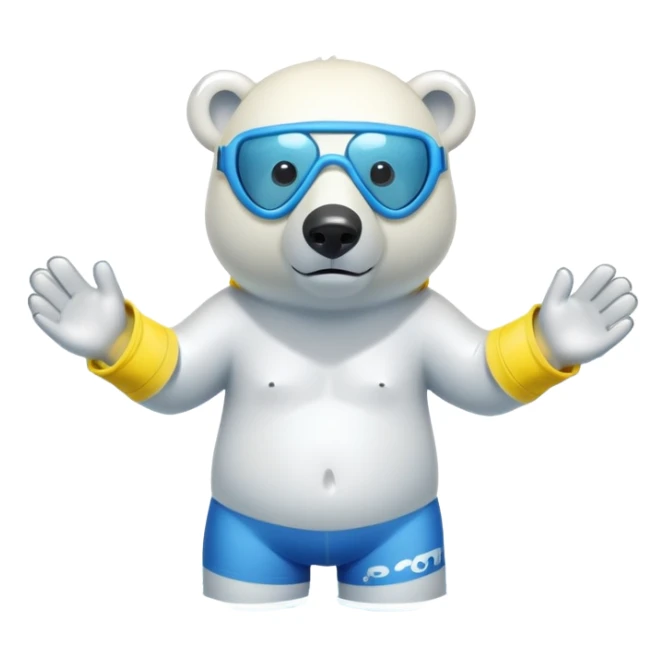 friendly anthropomorphised polar bear standing in a small puddle, wearing baggy board shorts, inflatable swimming armbands, scuba mask over eyes sticker