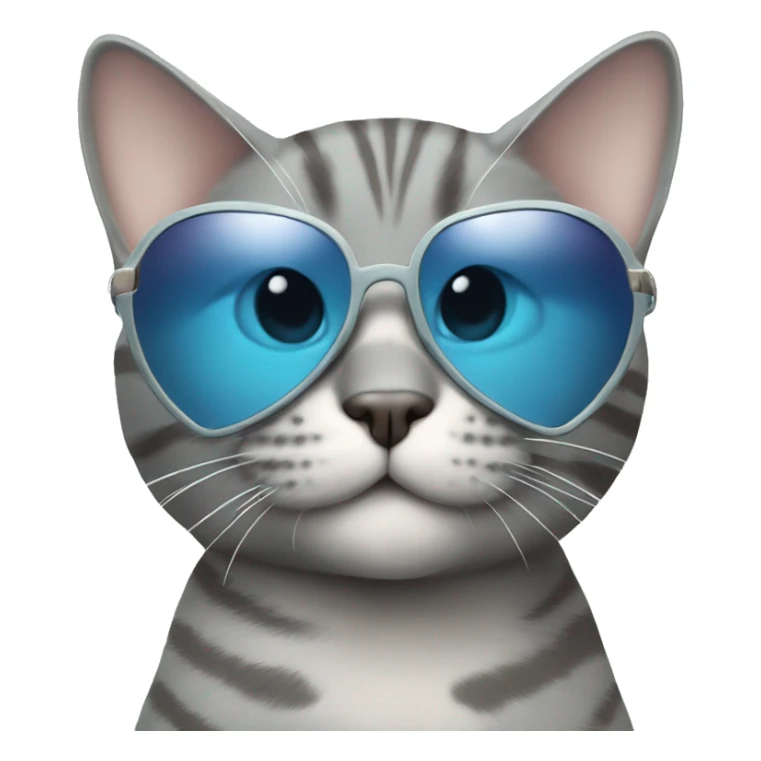 Grey tabby cat wearing light blue heart shaped sunglasses sticker