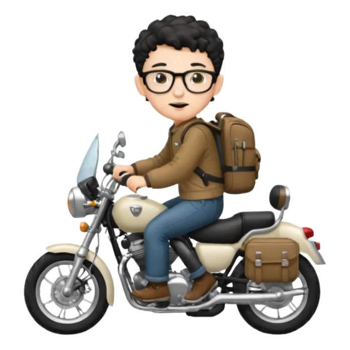 A young boy DEVELOPER WITH A backpack, black curly short hair, wearing glasses, a thin goatee, his skin is white, riding a motorcycle sticker