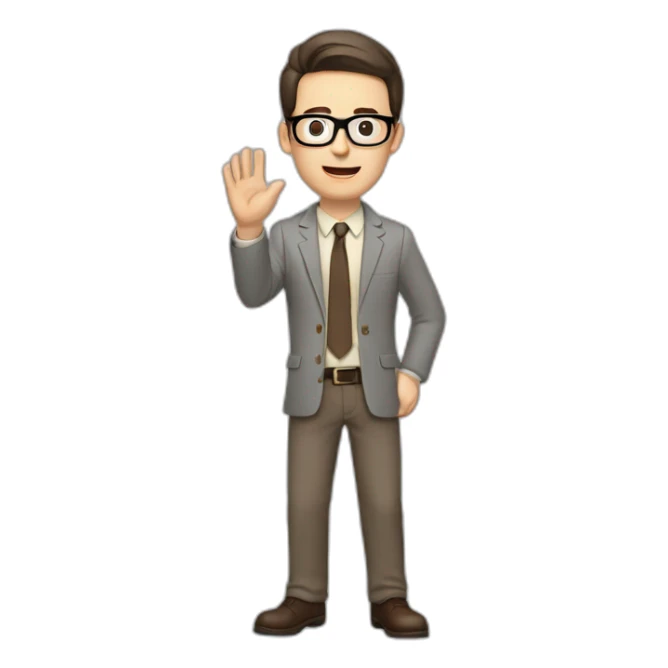 To belt Actively gesturing with hands Pale skinned fit man with dark brown hair in gray jacket, beige office shirt, brown tie, brown pants and vintage glasses. sticker