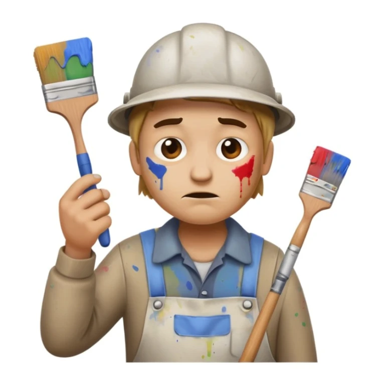 clumsy amateur house painter emoji wearing old dirty clothes with paint stains, no protective gear or hat, holding a broken paintbrush, looking confused or frustrated, paint splatters on face and hands, messy background sticker