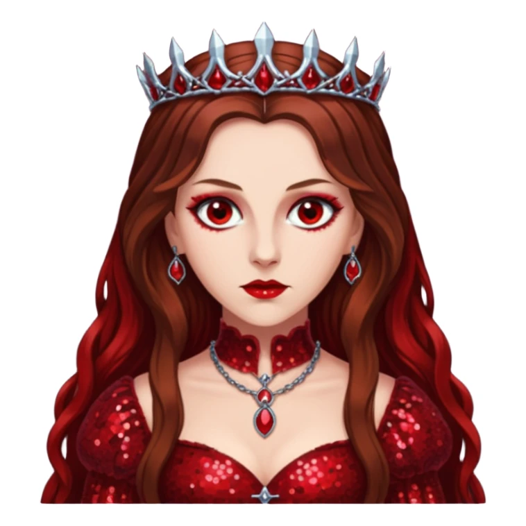 Countess Bathory with long brown hair, red sequin outfit sticker