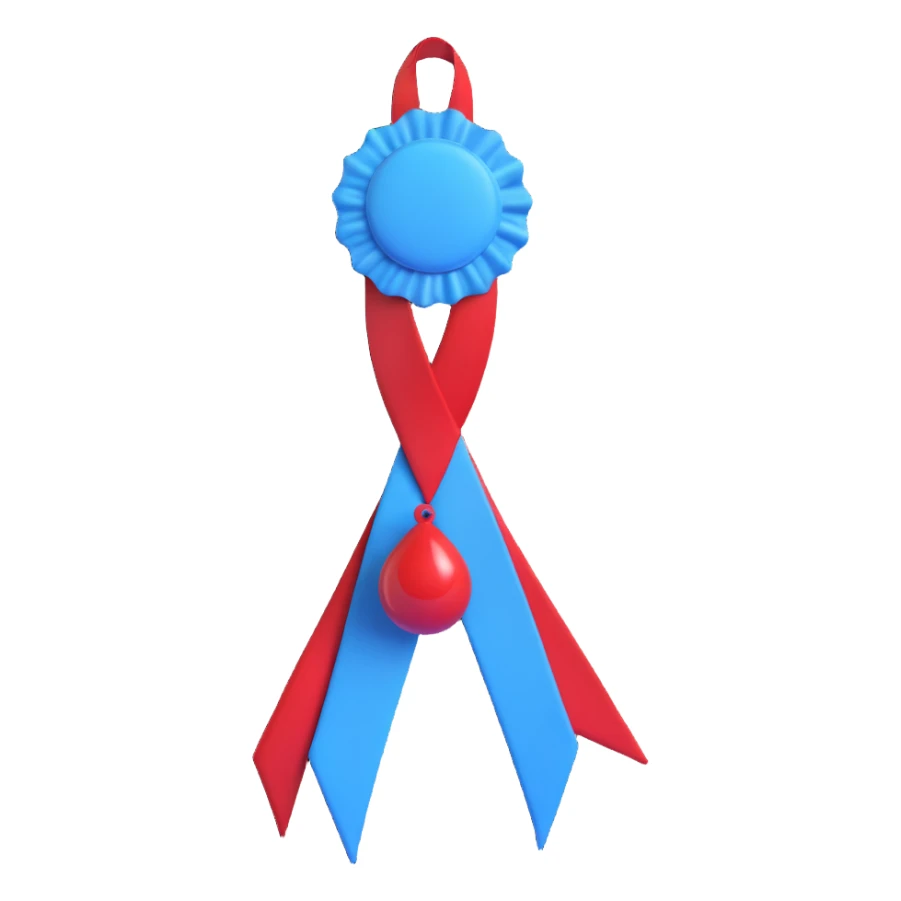 A clean and modern take on the universally recognized blue ribbon for diabetes awareness, incorporating a red blood drop  sticker