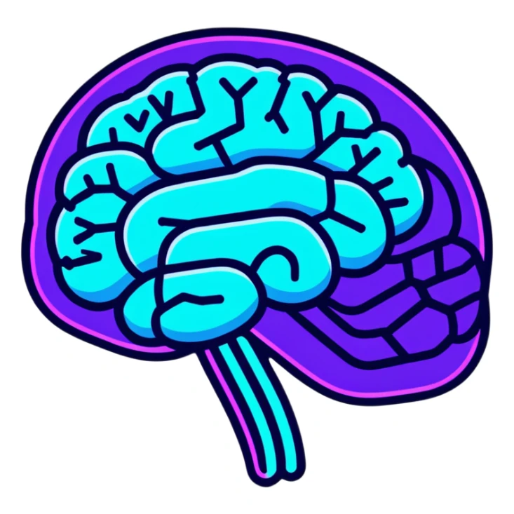 brain with neon glow effect, blue neon glow on top left, purple neon glow on bottom right sticker