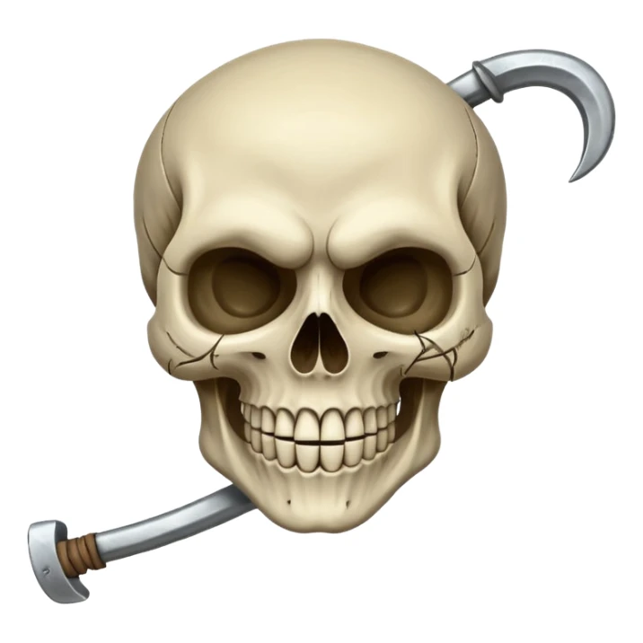 A laughing skull with a scythe crossed behind it, one eye socket winking. Clean, stylized lines, flat vector. Medieval woodcut style. Black and white with one accent color (tarnished silver). No background. sticker