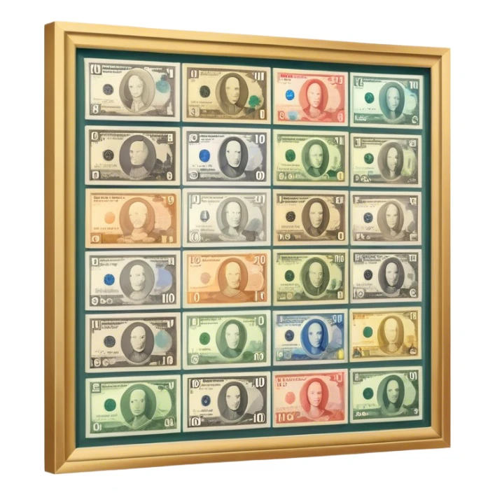 Icon for Banknote Collecting: old and new banknotes from different countries such as Euro, Dollar, Yen, Krona, Yuan, and others, displayed in frames on a wall. The icon should evoke the diversity and richness of currency collection. Transparent background. sticker