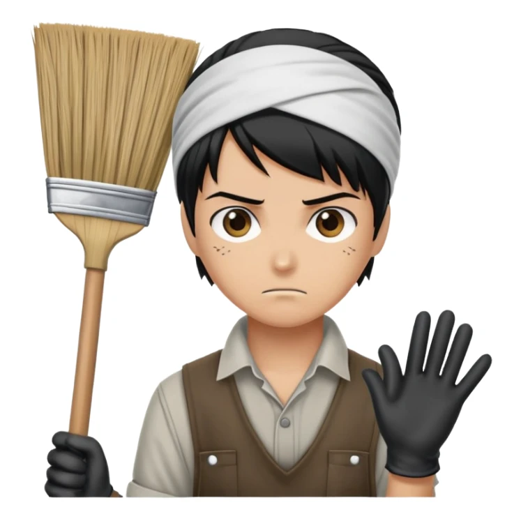 Levi Ackerman cleaning with bandana over hair, gloves, holding broom, annoyed expression sticker