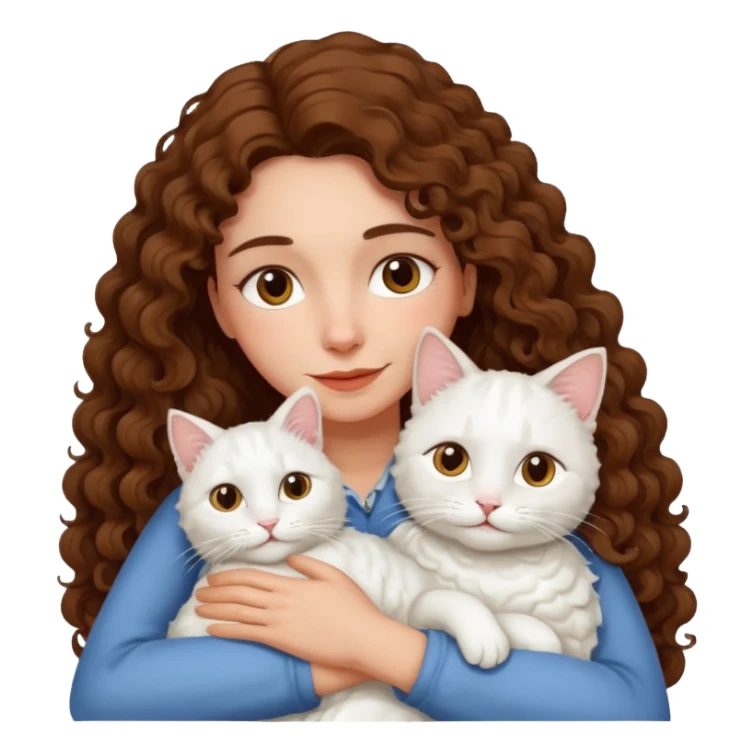 Mature Spanish girl with long curly hair and hugging a white cat sticker