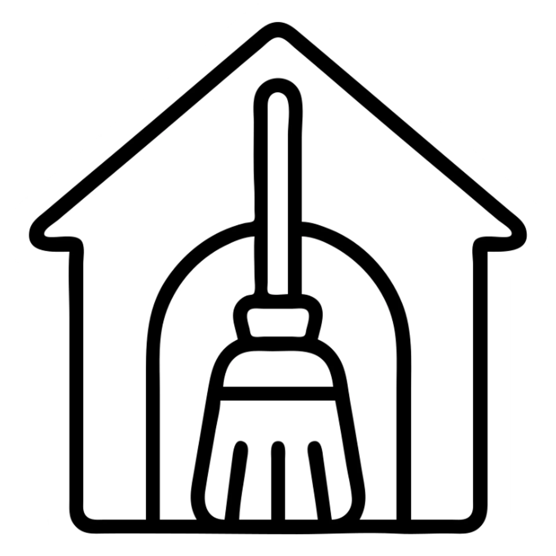a cartoon broom in a doghouse, outlined style sticker