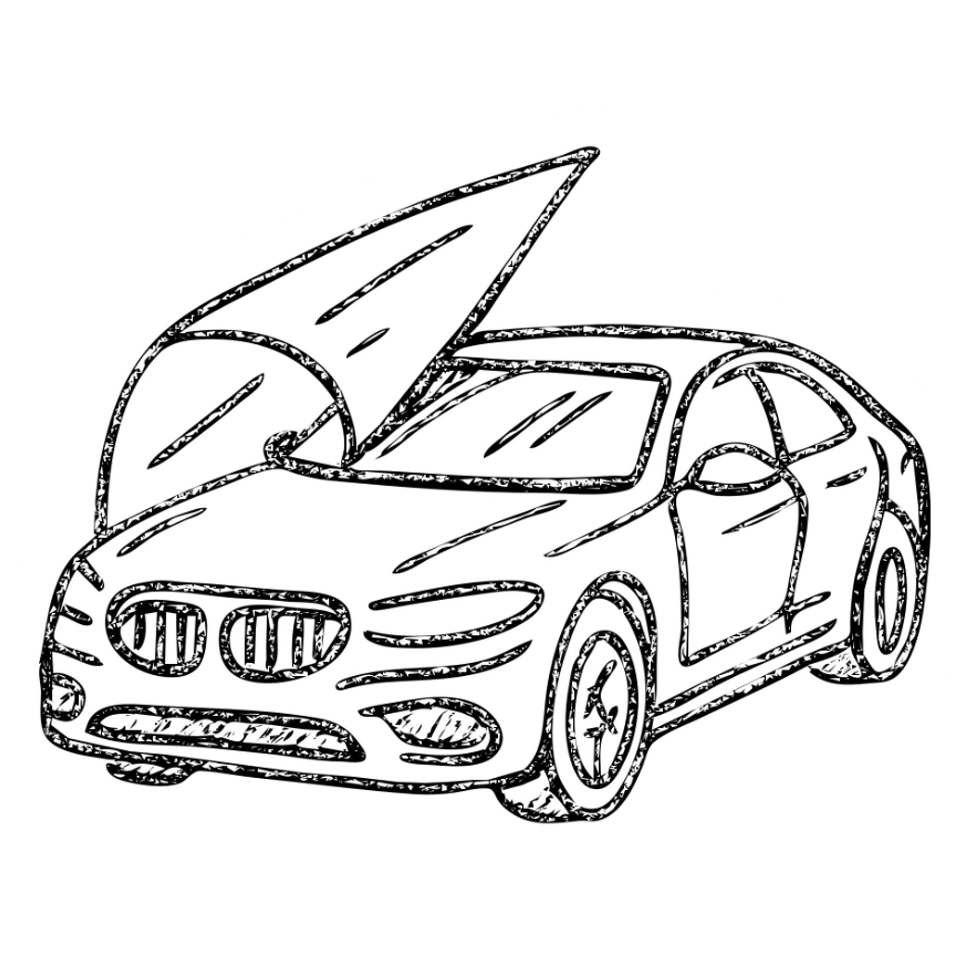 hand-drawn outlined icon of a high-end glossy black car, partially covered by a transparent rolled film, curved effect for adhesion, clean and modern sticker