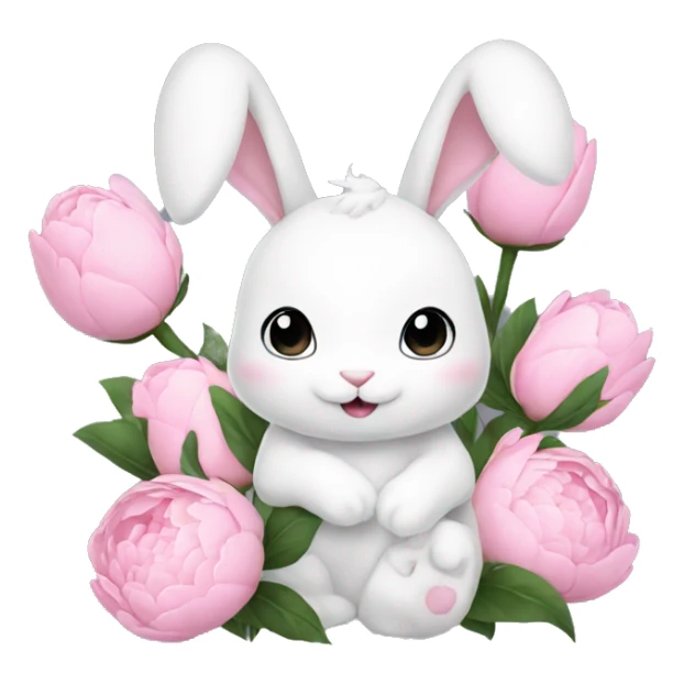 cute white bunny holding light pink peonies sticker