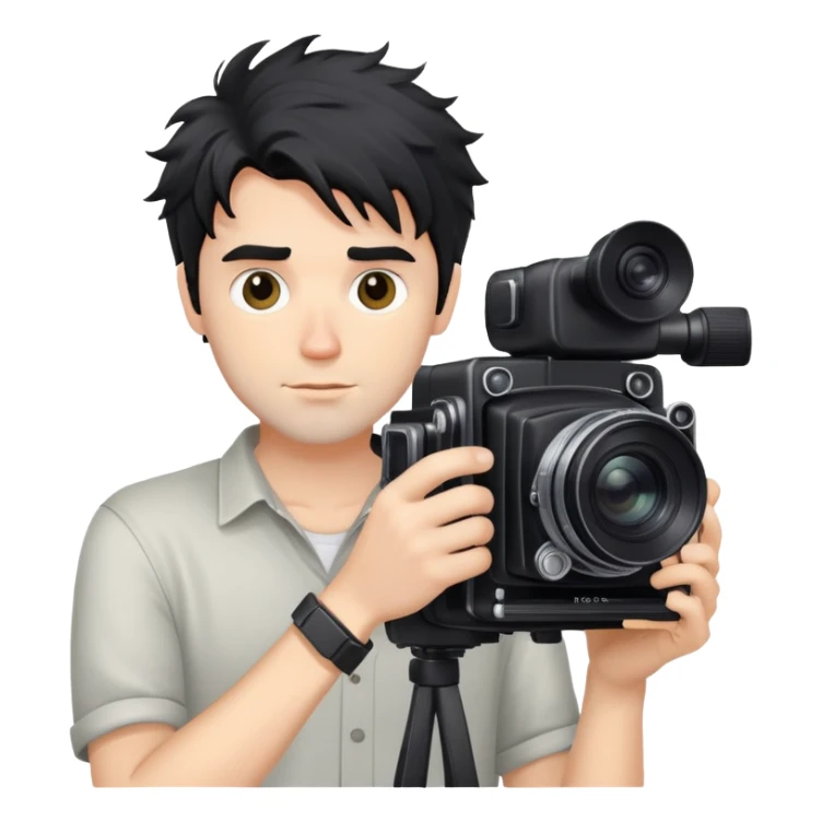 a white man with black messy hair holding a foto camera sticker