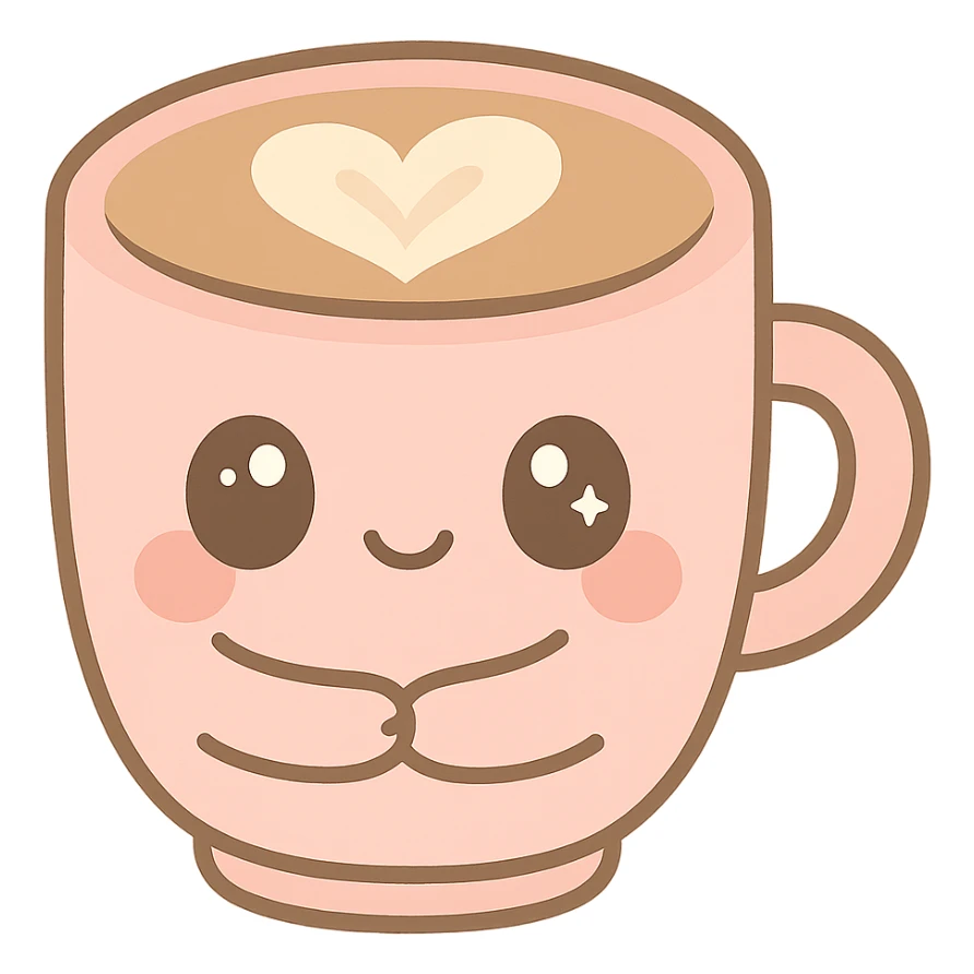 kawaii style mocha in a pink cup, big sparkling eyes, tiny arms hugging the cup, heart-shaped foam art, playful and sweet sticker