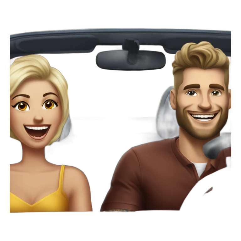Hyper Realistic gorgeous woman and a handsome tattooed man laughing while driving in a fancy car sticker