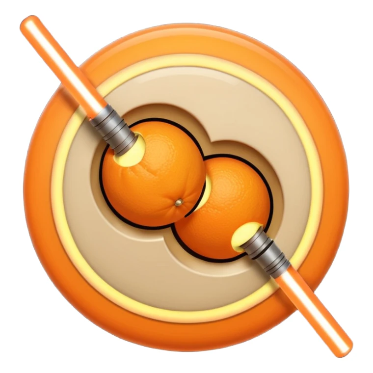 Two beige circles squished together , with a orange light saber  sticker