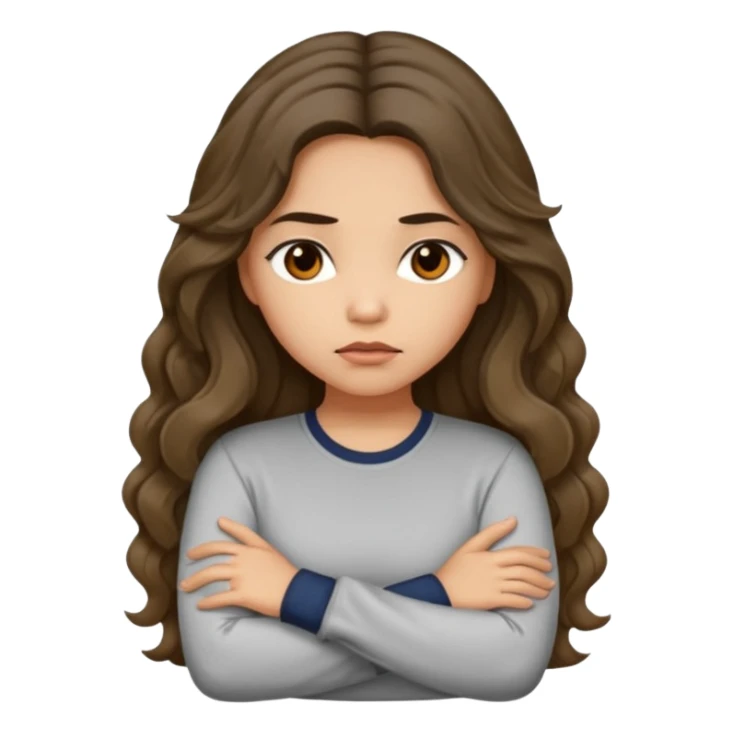 Hispanic light tan girl with long dark wavy hair with arms folded while pouting. Wearing a long sleeve. Hair with middle part. sticker