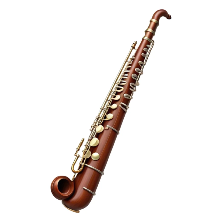 Create a detailed and elegant emoji representing a bassoon. The design should showcase the long, slender wooden body of the bassoon with its distinct curves and metal fittings. Highlight the keywork and metal rings around the joints, with subtle light reflections on the wood to give it a polished appearance. The top of the bassoon should have the characteristic metal bell, and the reed should be clearly visible at the mouthpiece. Use warm wood tones like deep brown and mahogany for the body, with silver or brass accents for the metal parts. Add soft musical notes or soundwaves around the instrument to evoke its rich, deep sound. The background should be transparent. sticker