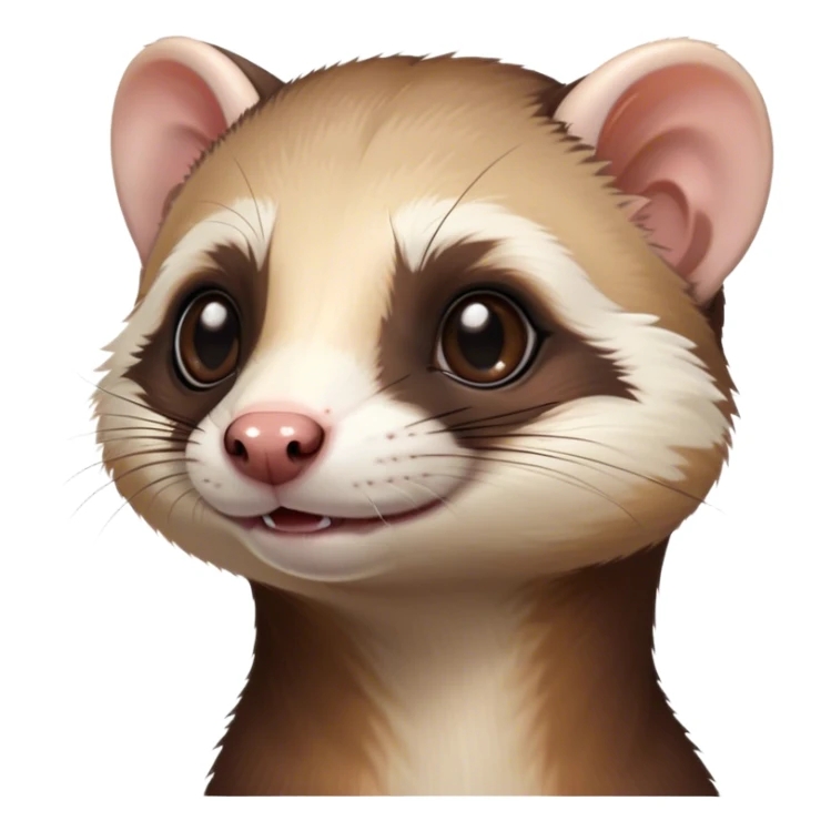 Cinematic Cute sable ferret Portrait Emoji, Head tilted playfully, with an elongated, flexible body and a characteristically curious expression, featuring a short, pointed snout, bright, sparkling eyes, and soft fur in warm brown and cream tones, Simplified yet irresistibly adorable features, highly detailed, glowing with a warm, friendly glow, high shine, affectionate and lively, stylized with a touch of whimsical mischief, soft glowing outline, capturing the essence of a fun-loving and mischievous sable ferret that feels like it could scamper straight into your heart! sticker