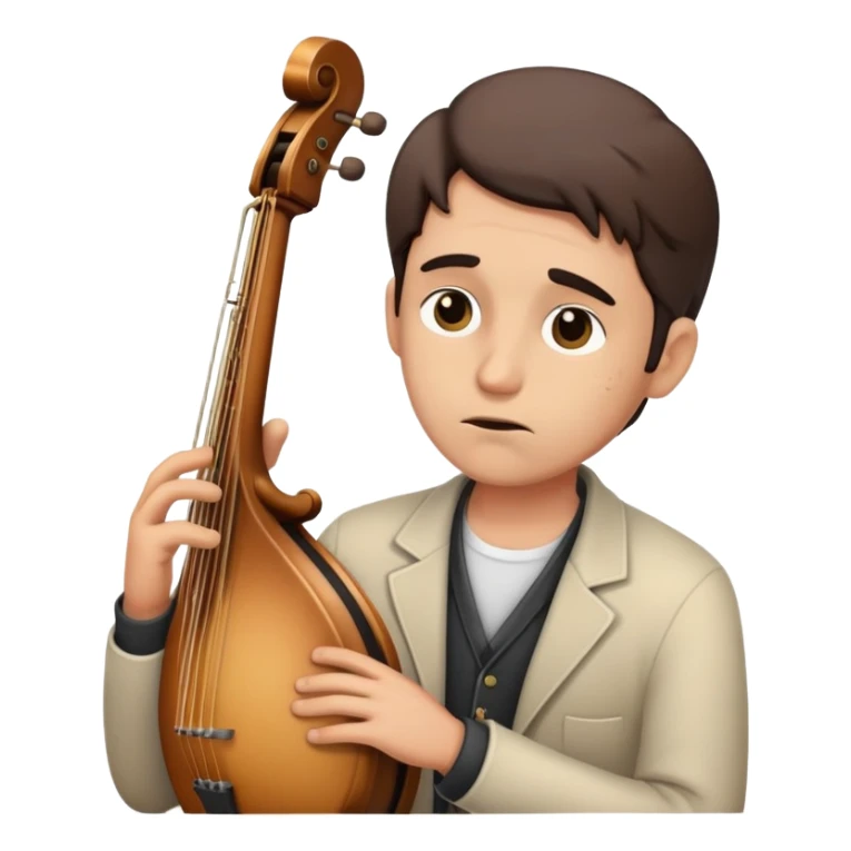sad musician looking up with a thoughtful expression, holding an instrument sticker