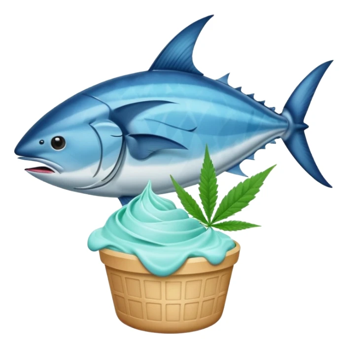 bluefin tuna in a gelato with cannabis leaf sticker