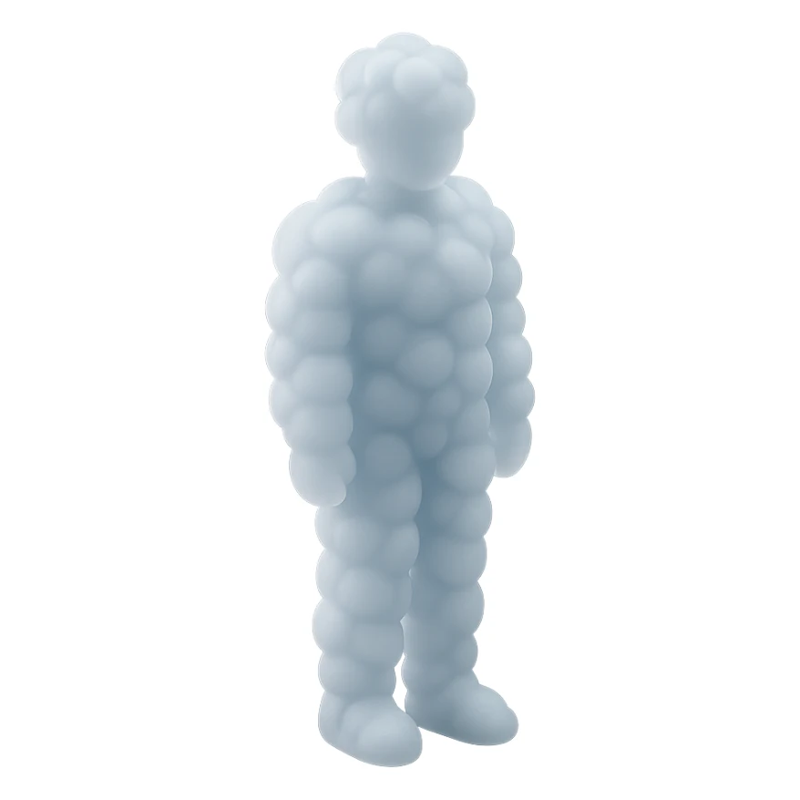 a person standing straight, fully made of white fluffy convex clouds, shoulder height, matte glass style sticker