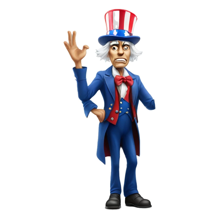 Uncle Sam with pitiful eyes holds a sign at full height waist photorealistic serious sticker