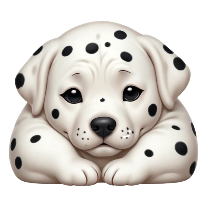Cinematic Chubby Sleeping Dalmatian Portrait Emoji, Chubby and serene, with a round, plump build and a glossy white coat adorned with distinctive black spots, eyes gently closed in peaceful slumber, Simplified yet irresistibly endearing features, highly detailed, glowing with a gentle, dreamy glow, high shine, relaxed and content, stylized with a touch of whimsy, bright and heartwarming, soft glowing outline, capturing the essence of a blissfully sleepy companion, so comically serene it feels like it could roll out of the screen and snore with adorable charm! sticker