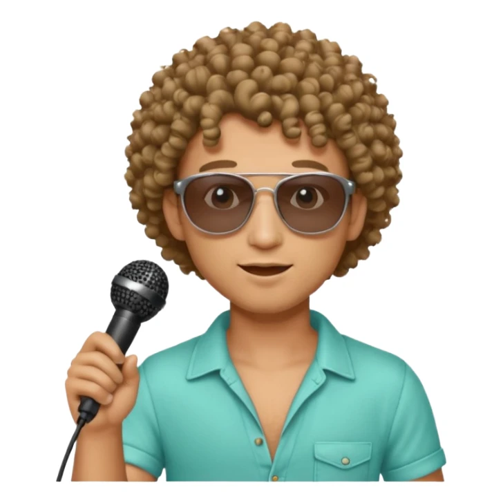 curly haired man with summer clothes and sun glasses holding microphone sticker