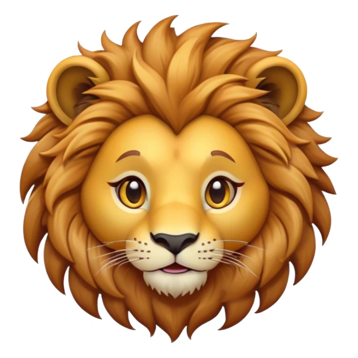 Cinematic Cute Lion Portrait Emoji, Head tilted playfully and inquisitively, featuring a glossy tawny Fur with a lush mane and round, sparkling amber eyes filled with curious mischief, Simplified yet irresistibly adorable features, highly detailed, glowing with a warm, friendly glow, high shine, affectionate and spirited, stylized with a touch of jungle whimsy, bright and endearing, soft glowing outline, capturing the essence of a mischievous yet loving lion, so playful it feels like it could pounce out of the screen and into your arms! sticker