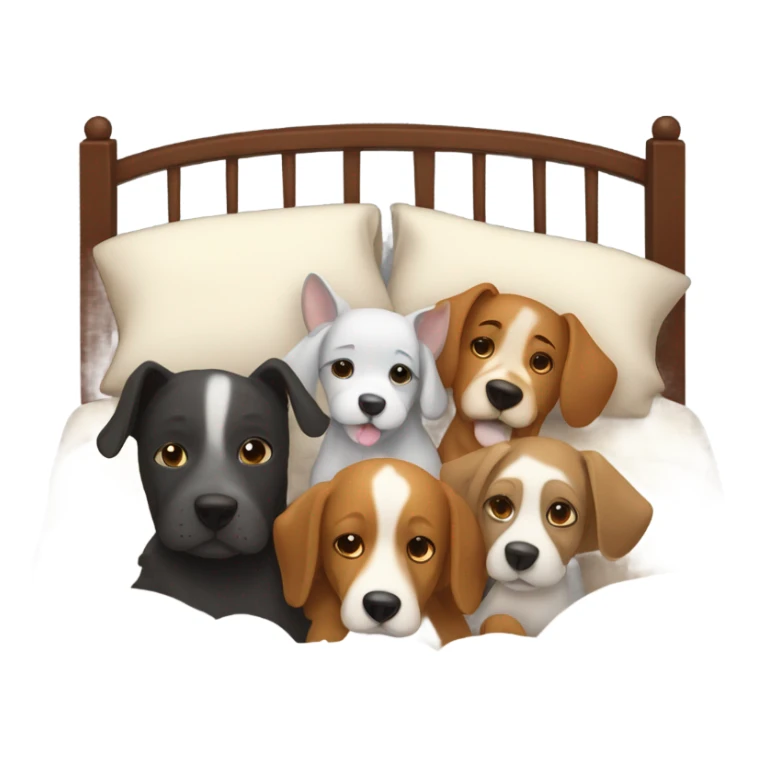 4 dogs snuggled in bed with mom and dad  sticker