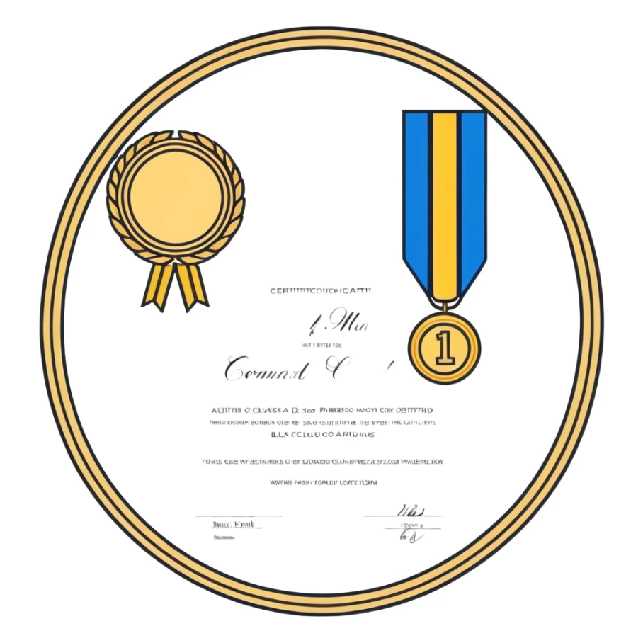 certificate of completion with a blue medal sticker, elegant border, gold accents sticker