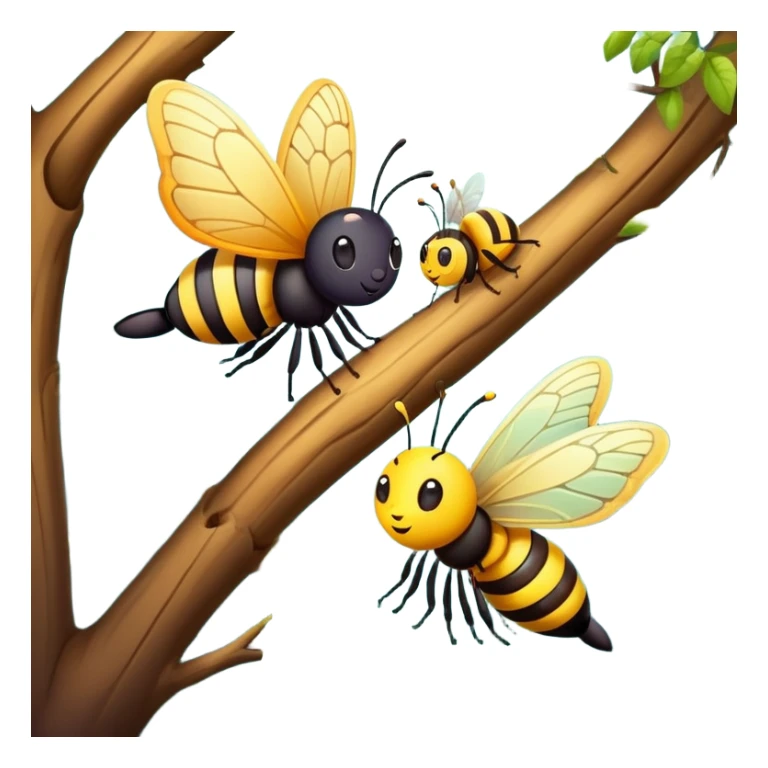 butterfly and bee sitting on a tree branch in a forest, cute and friendly sticker