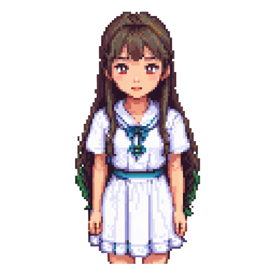Asian girl in college student dress, thin bangs, long hair, round eyes, no double eyelids, humorous face, pixel art sticker