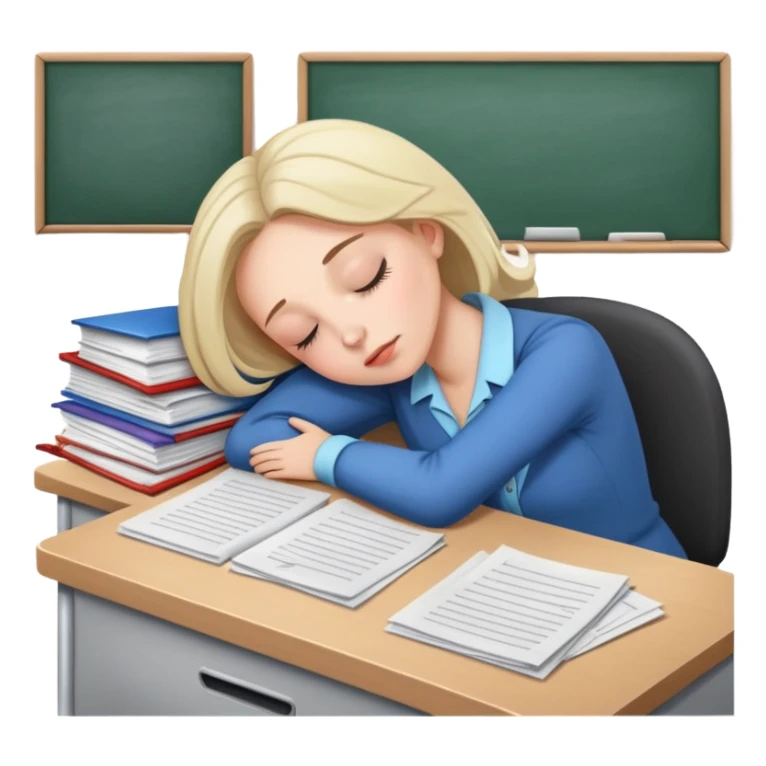 Exhausted female teacher napping at classroom desk with papers sticker