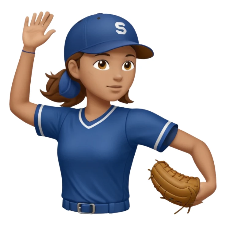 Softball pitcher pitching the ball from side view with brown hair and dark blue jersey and no hat and a face guard sticker