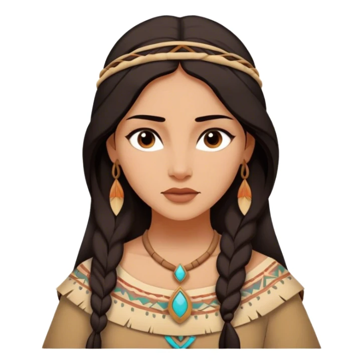 Cinematic Timeless Pocahontas Portrait Emoji, rendered in a realistic, vector style. Depict Pocahontas with warm, glowing skin, naturally flowing dark hair, and a serene, gentle expression, wearing traditional garments in muted earth tones. The design features bold, clean proportions, a soft, inviting glow, and a subtle glowing outline that captures her enduring natural beauty. sticker