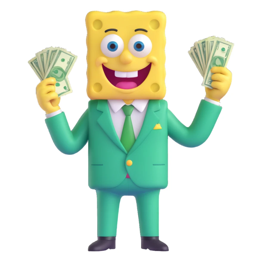 SpongeBob dressed in a green suit, clutching dollar bills, big smile sticker