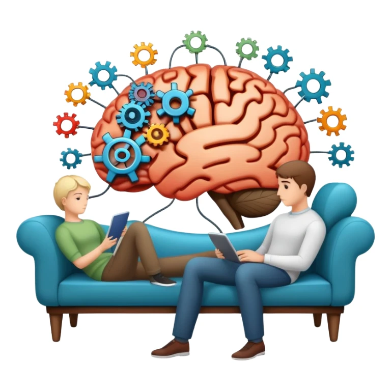 An icon featuring a brain with gears, a mind map, and a therapy couch, symbolizing psychology. The design includes a set of mental health tools and a silhouette of a person in deep thought, representing understanding the human mind. Transparent background sticker