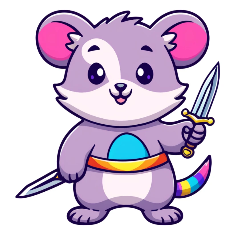 A cute pastel colored possum warrior holding a gleaming sword, with rainbow fur, sparkly eyes, and colorful stars around sticker