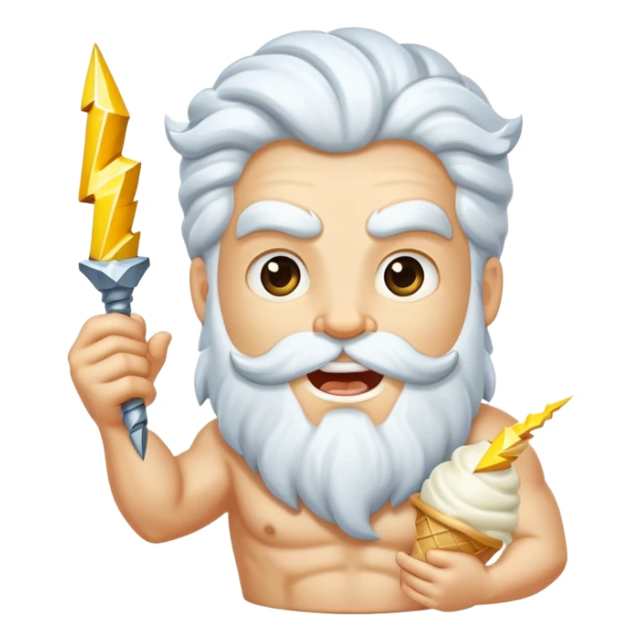 cheerful Zeus with white ice cream and lightning bolt sticker