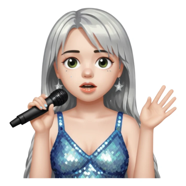 billie eilish is singing, holding mirco and twinkle dresss sticker