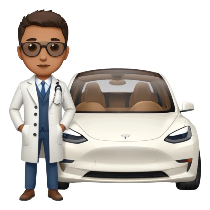 White tesla model 3 with a cool physician with sunglasses next to it sticker