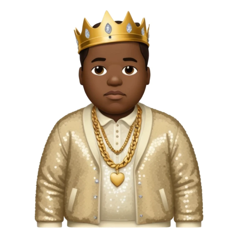 Biggie Smalls with dark brown hair, ivory sequin outfit sticker
