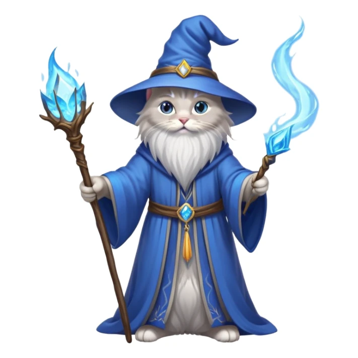 A cat wizard casting a spell with magical staff and flowing robes sticker
